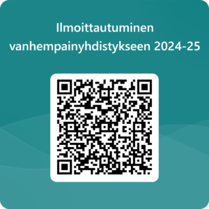 Ilmoittautuminen Lahden yhteiskoulun vanhempainyhdistykseen 2024–2025. Qr-koodi Forms-ilmoittautumislomakkeelle. 